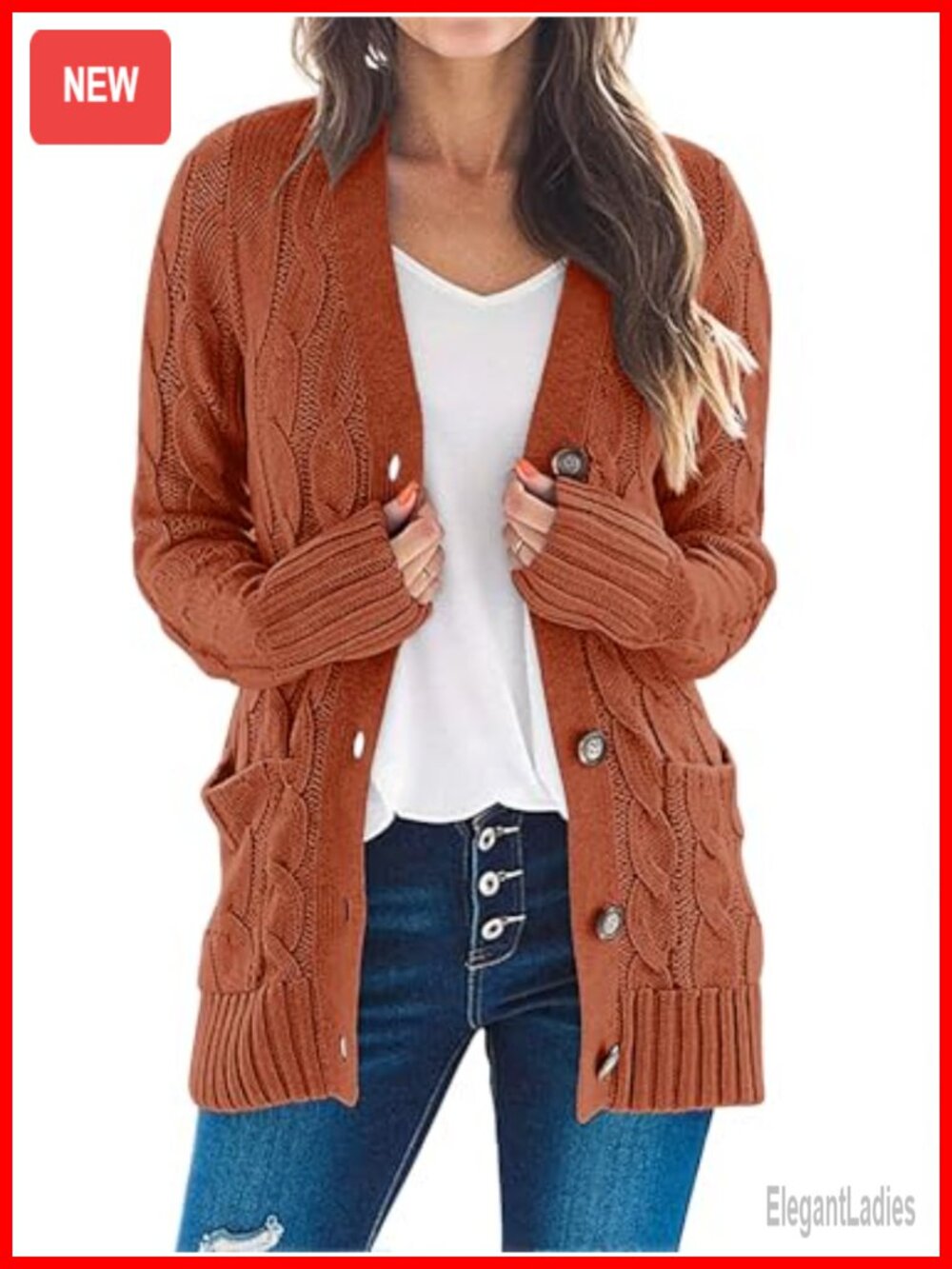 Cable Knit Button Down Cardigan Sweater Long Sleeve V-Neck Pockets
